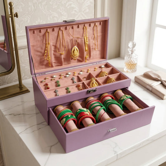 Premium lavender jewelry combo box open showing pink velvet interior with necklace hooks, ring rows, earring compartments and 5 bangle rolls in pull-out drawer — Grihosojja Bangladesh