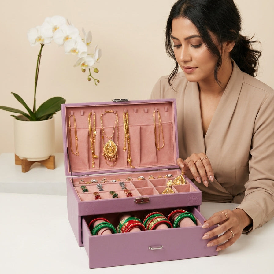 Premium lavender jewelry combo box open showing pink velvet necklace lid hooks, ring earring tray and 4 bangle rolls in drawer — Grihosojja Bangladesh