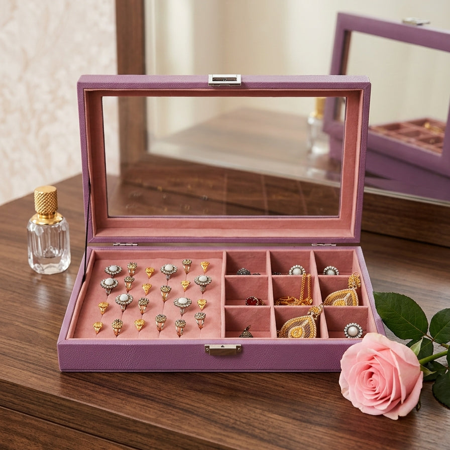 Lavender jewelry combo display box open on wooden table with pink velvet ring slots and earring compartments — Grihosojja Bangladesh