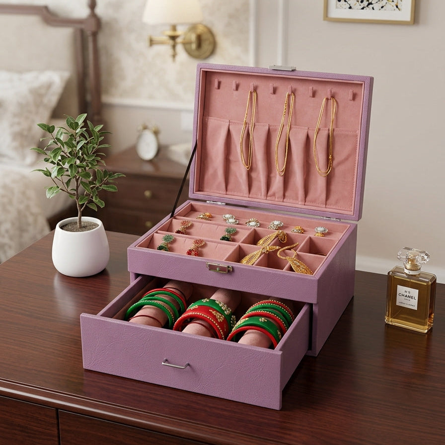 Premium lavender jewelry combo box open with pink velvet interior showing necklace lid hooks, earring tray and 3 bangle rolls in drawer — Grihosojja Bangladesh