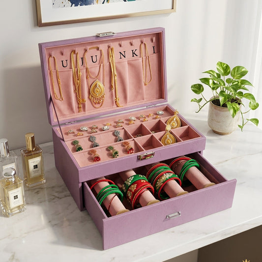 Premium lavender PU leather jewelry combo box closed with silver latch clasp surrounded by gold jewelry — Grihosojja Bangladesh