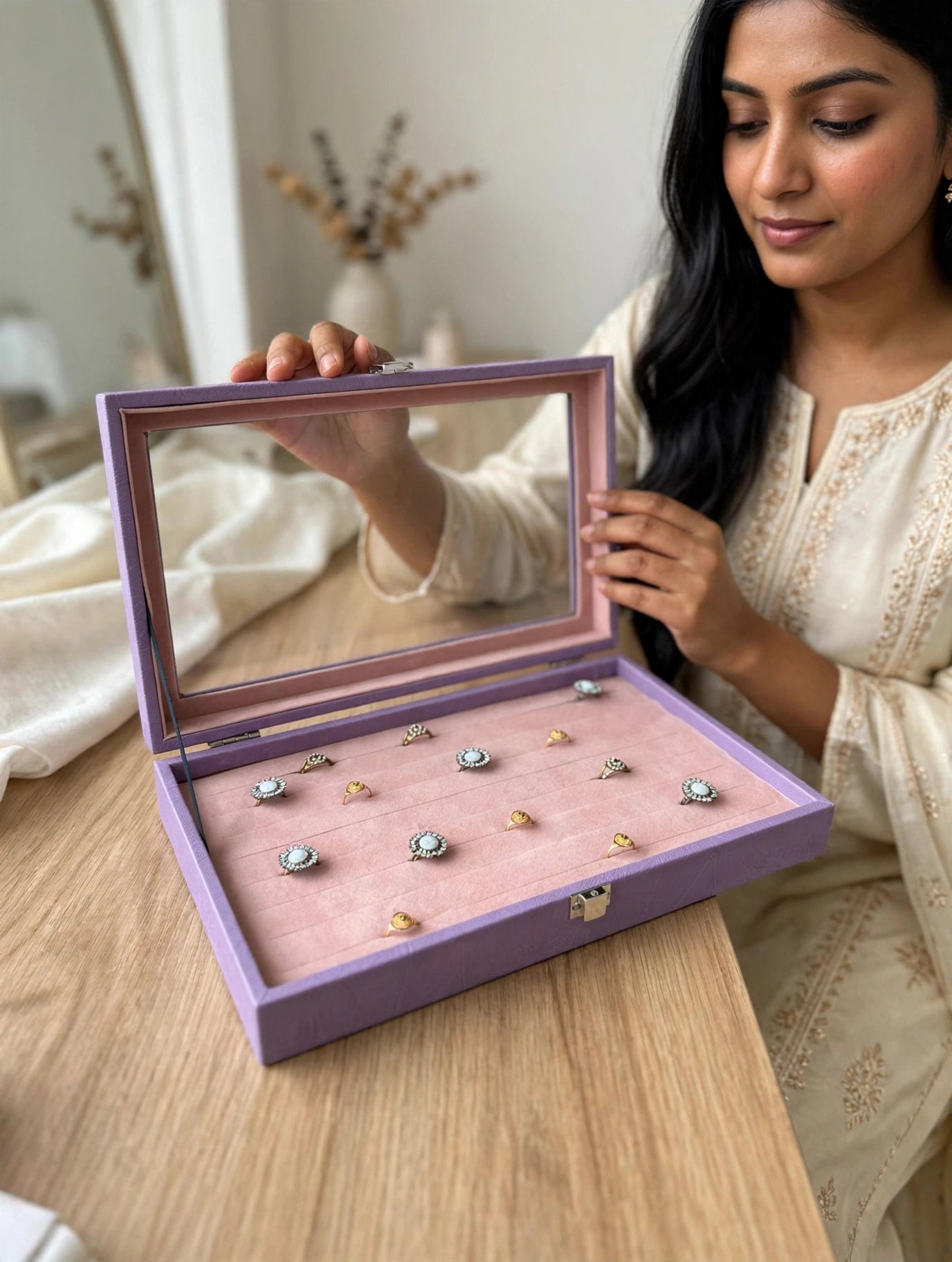 Premium 100-Slot Ring Storage Display Box with Glass Lid | Large Ring Organizer | 3 Colors — Black, Maroon & Lavender | প্রিমিয়াম ১০০ স্লট রিং স্টোরেজ ডিসপ্লে বক্স