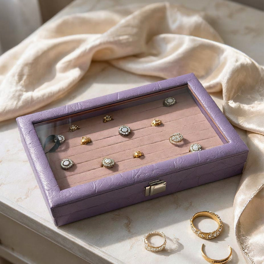 Premium lavender ring storage display box showing 100-slot velvet ring organizer — available in maroon and lavender — Grihosojja Bangladesh