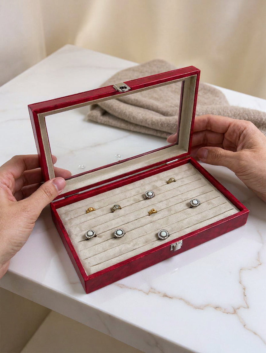 Premium 100-Slot Ring Storage Display Box with Glass Lid | Large Ring Organizer | 3 Colors — Black, Maroon & Lavender | প্রিমিয়াম ১০০ স্লট রিং স্টোরেজ ডিসপ্লে বক্স