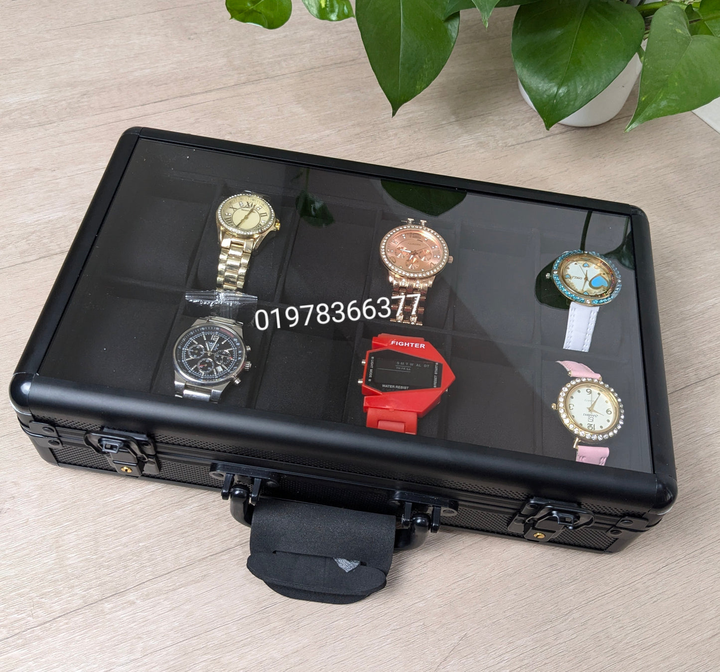 18 Slots Aluminium Watch Organizer Box Dark Green High Materials Top Glass Window