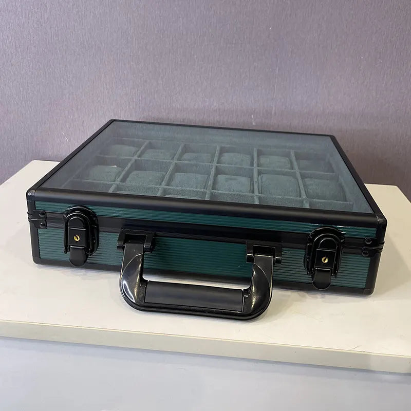 18 Slots Aluminium Watch Organizer Box Dark Green High Materials Top Glass Window