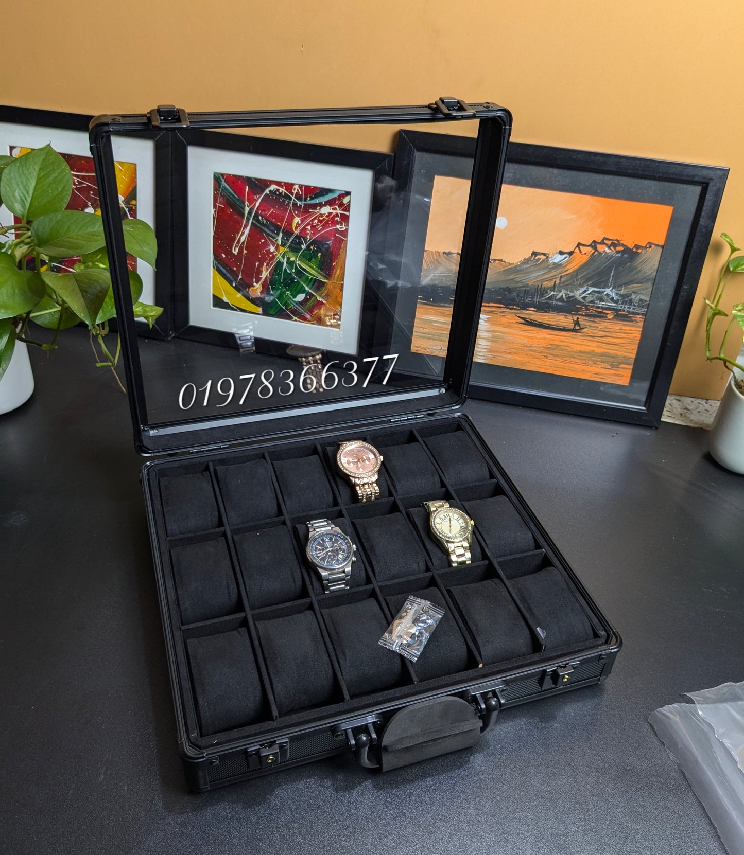 18 Slots Aluminium Watch Organizer Box Dark Green High Materials Top Glass Window