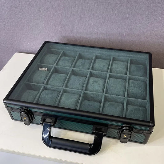 18 Slots Aluminium Watch Organizer Box Dark Green High Materials Top Glass Window