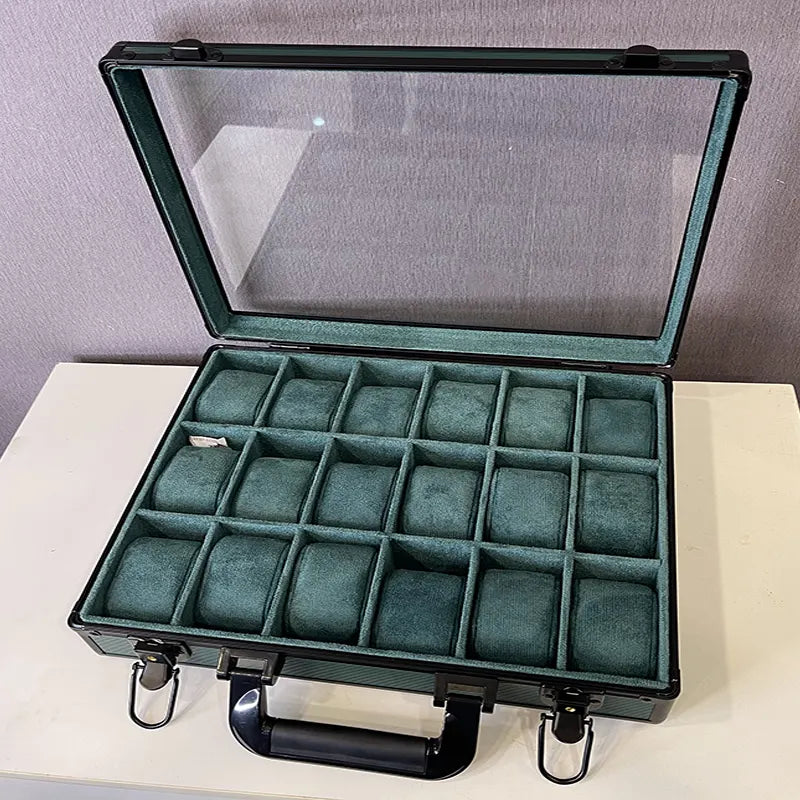18 Slots Aluminium Watch Organizer Box Dark Green High Materials Top Glass Window