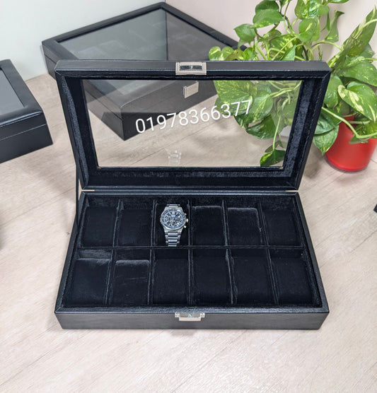 Full black color leather made watch box ( 3,4,5,6,8,10,12 & 18 slot )