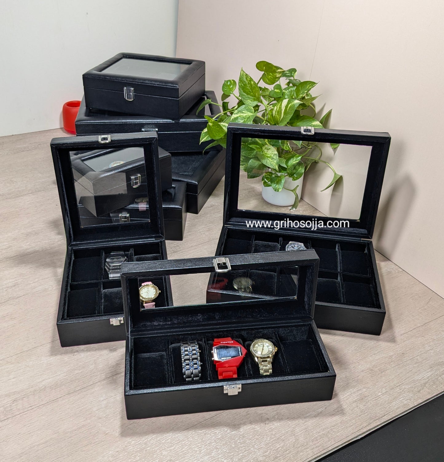 Full black color leather made watch box ( 3,4,5,6,8,10,12 & 18 slot )