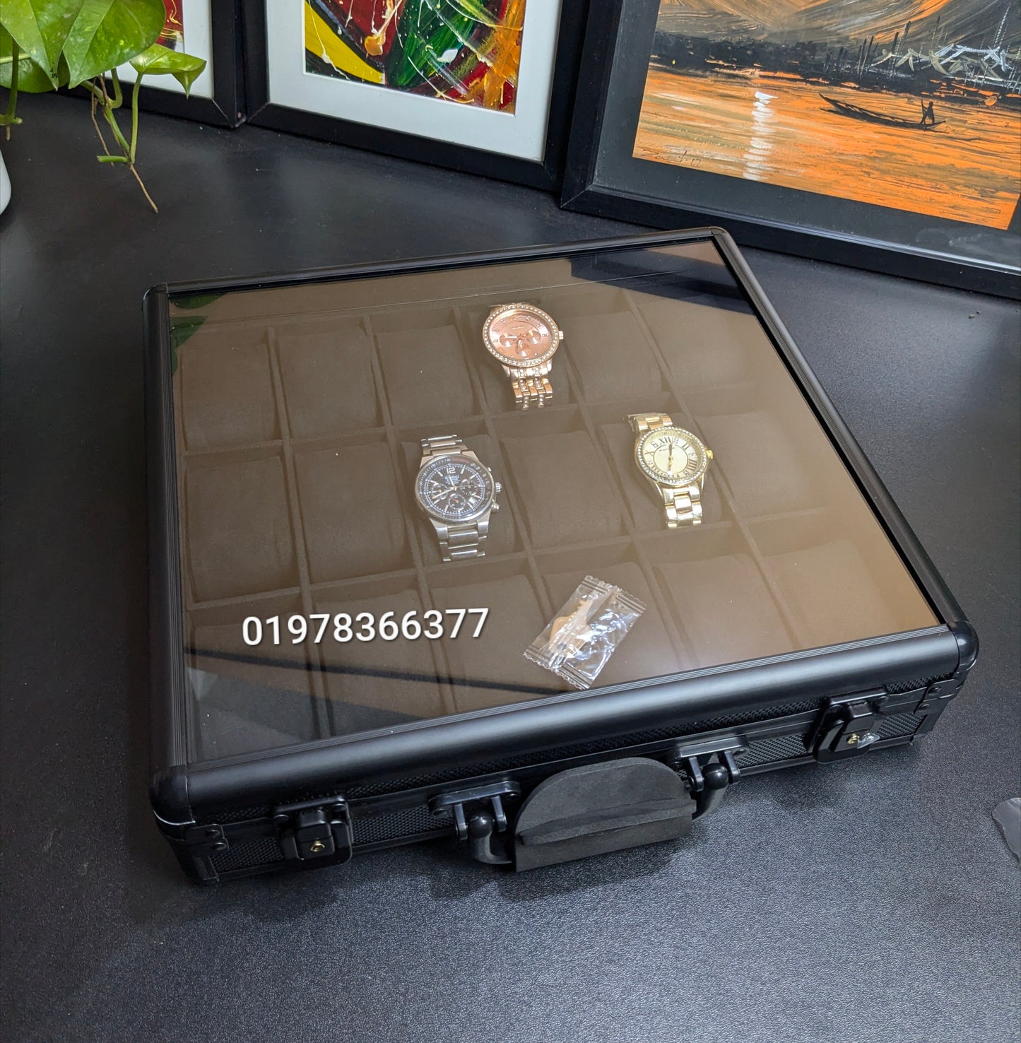 18 Slots Aluminium Watch Organizer Box Dark Green High Materials Top Glass Window