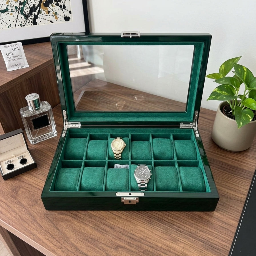 12-slot wooden watch box open showing emerald green velvet cushioned interior with watches and ring displayed — Grihosojja Bangladesh